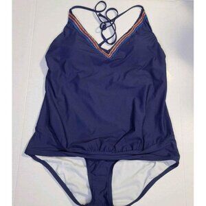 New Beach Scene Collection Blue Swimsuit Tie Neck-Embroidered Neckline Sz Large